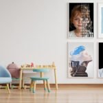 Blue armchair in scandinavian child room interior with posters on the wall.3d rendering