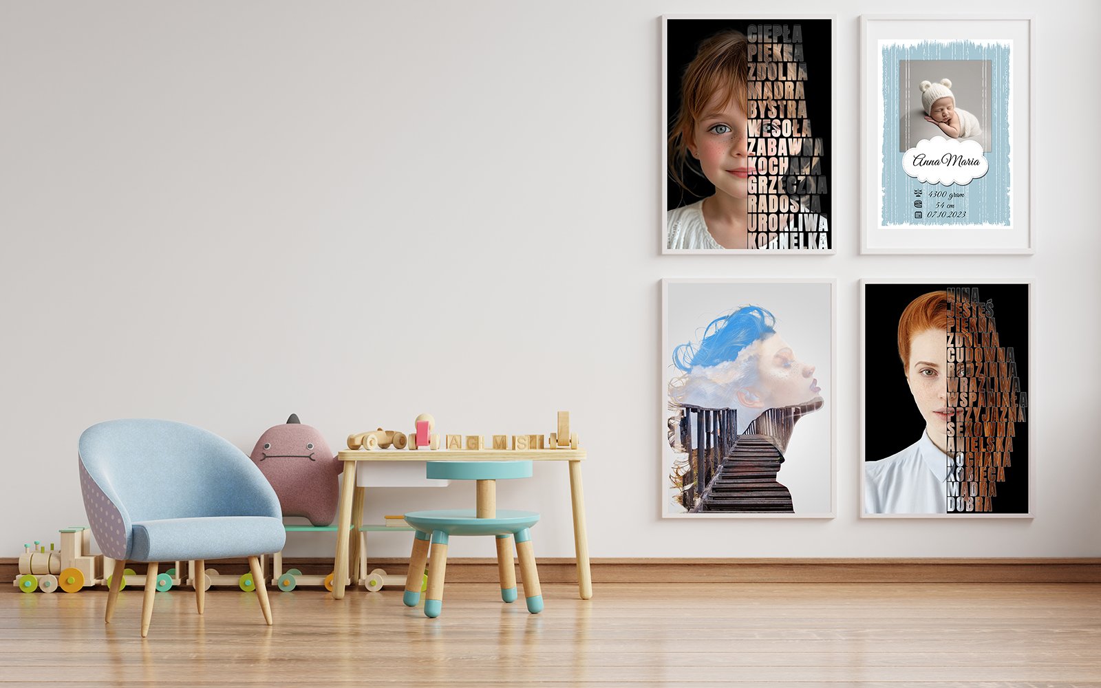 Blue armchair in scandinavian child room interior with posters on the wall.3d rendering