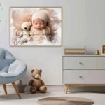 A minimalistic white wall with stars and a teddy bear in the background, a children's room with empty space for product placement, a small chair on one side of a cabinet, a white floor.