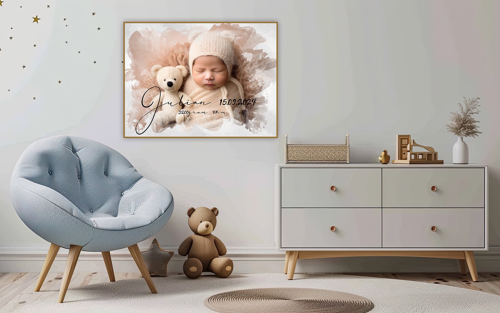 A minimalistic white wall with stars and a teddy bear in the background, a children's room with empty space for product placement, a small chair on one side of a cabinet, a white floor.